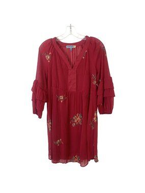 Womens Floral Red Dress Embroidered Ruffled 3/4 Sleeves Lightweight Flowy Small